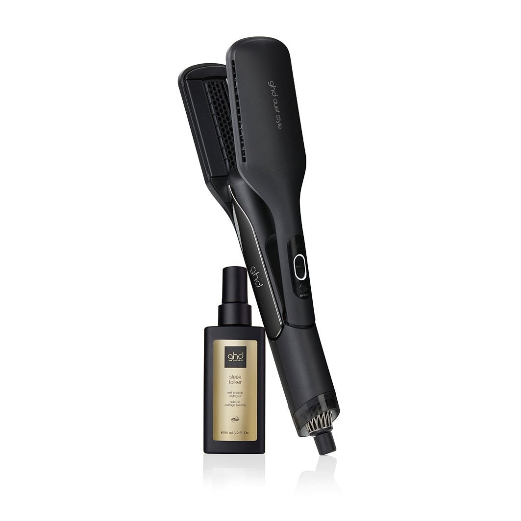 GHD - Set Asciuga e Liscia 2 in 1 + Olio di Argan Sleek Talker in cofanetto di velluto